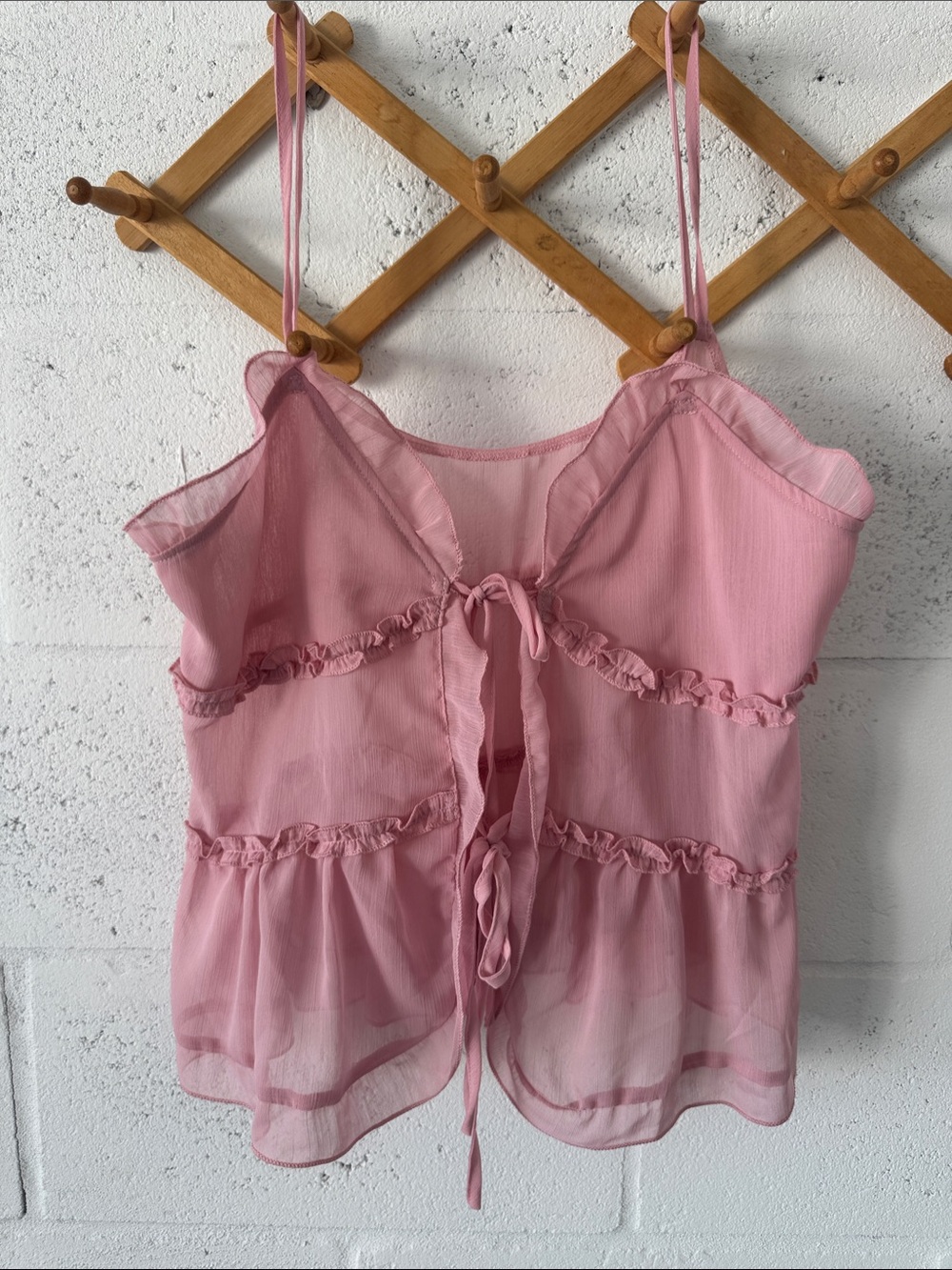 Pink Sheer Ruffled Tie-Front Camisole Top